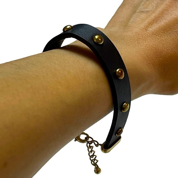 Dark Brown Leather Studded Bracelet with Adjustable Length Clasp Closure - Picture 2 of 10
